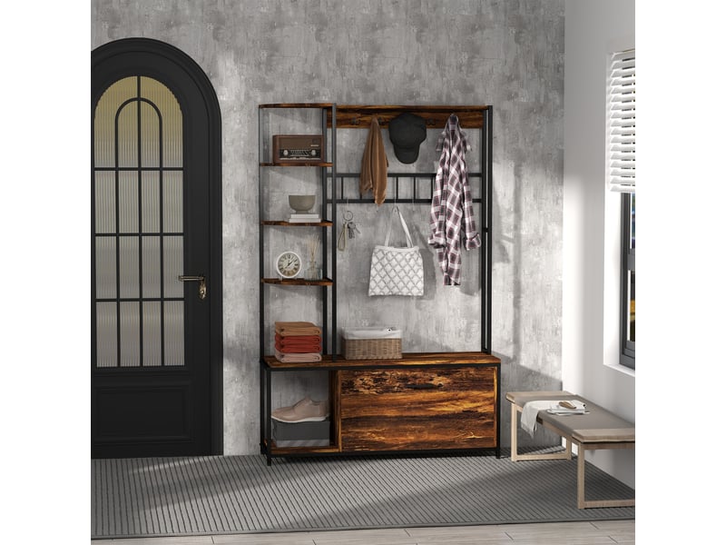 Porte-manteau avec étagère à chaussures 10 crochets, 3 étagères, armoire à chaussures rabattable 2 niveaux, marron - Conforama C