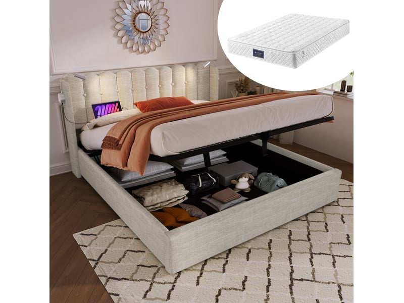  Lit coffre 160x200 cm beige en tissu avec tête de lit, éclairage led et usb, rangement intégré – matelas non inclus  - Conforama B