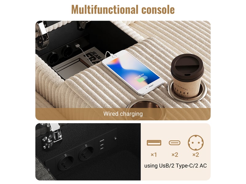  Canapé en u velours côtelé beige avec 2 poufs et ports usb intégrés  - Conforama E