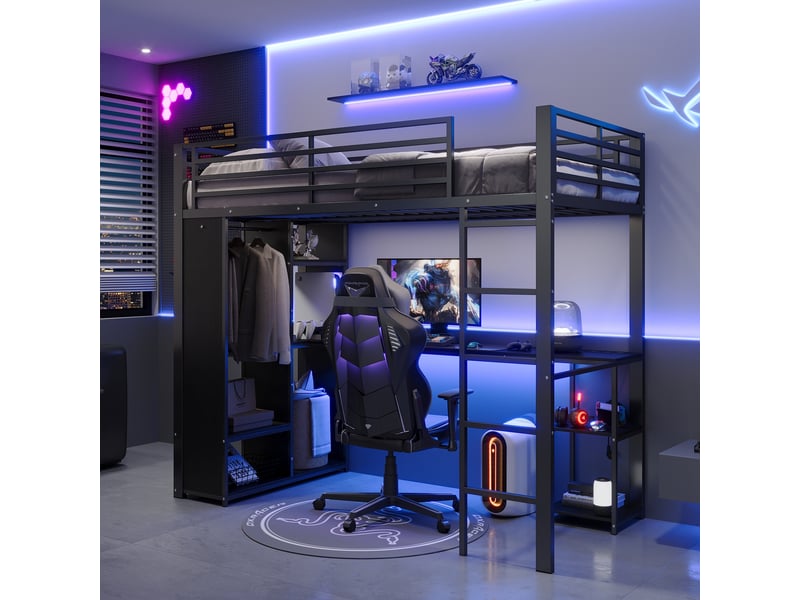 Lit mezzanine 90x200 cm - avec bureau penderie led prises usbtype-c étagères en747 - noir - Conforama C