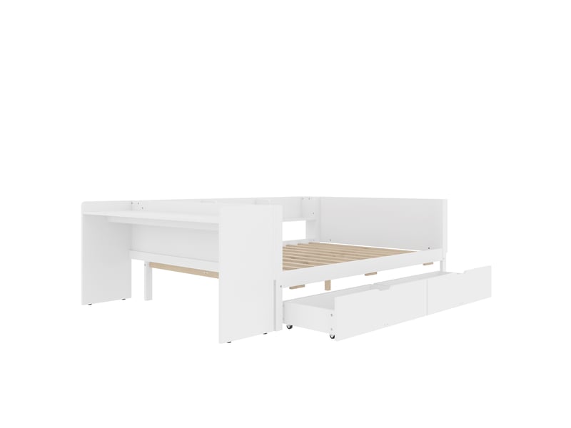  Lit enfant blanc 140x200 cm en bois, bureau, 2 tiroirs et étagères intégrés  - Conforama E