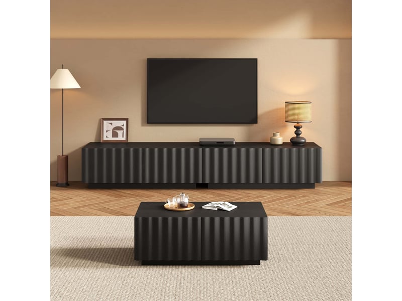 Ensemble de meuble tv + table basse -200×40×35 cm - design ondulé - avec tiroirs de rangement - noir - Conforama D