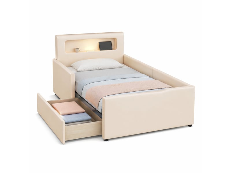  Modenvie lit enfant rembourré 90x200 cm - veilleuse led, port usb et tiroir - pour chambre d'enfant - beige  - Conforama A