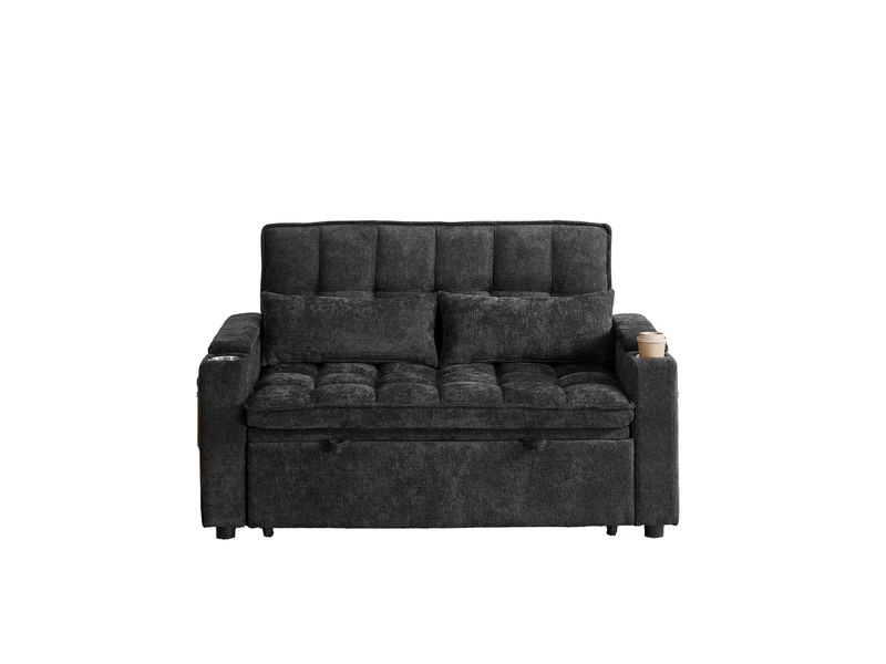 Canapé-lit 3-en-1 142 x 89 x 89 cm – noir – rangements d'accoudoirs, poches et 2 porte-gobelets - Conforama C