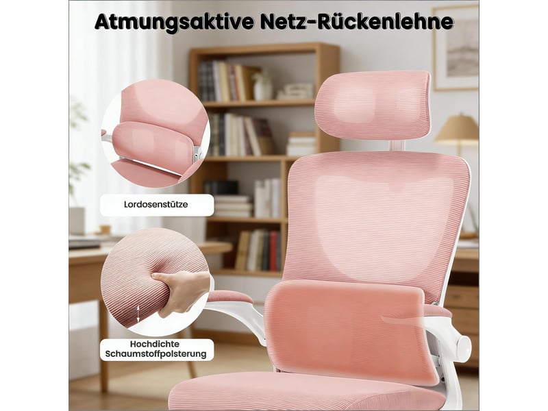  Chaise de bureau ergonomique inclinable - lpospi - accoudoirs rabattables, maille rose, 62 × 69,5 × 116–123,5 cm  - Conforama E