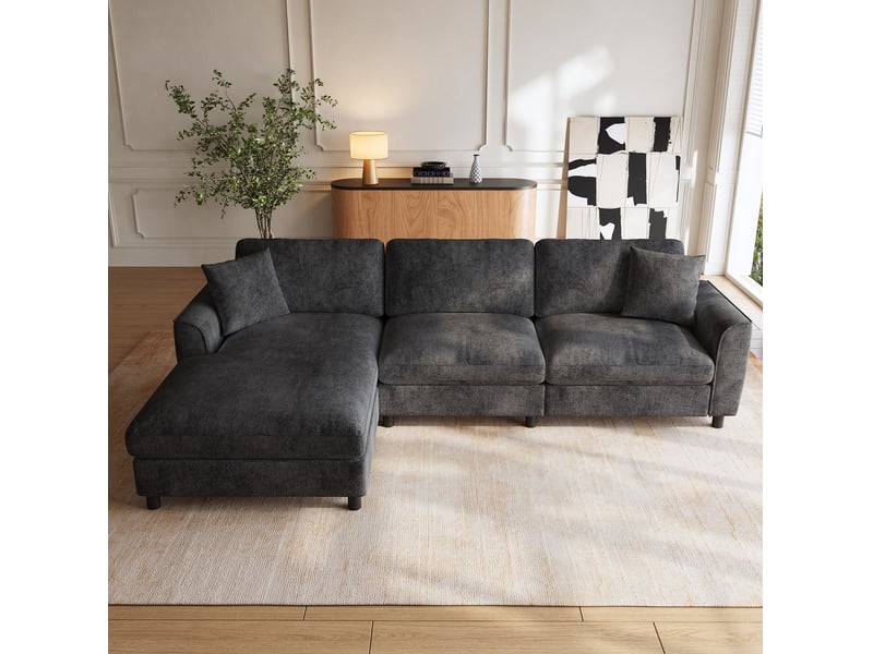 Canapé d'angle réversible 3 places avec méridienne large et coussins déhoussables en chenille gris, 256 × 137 × 79 cm - Conforama E