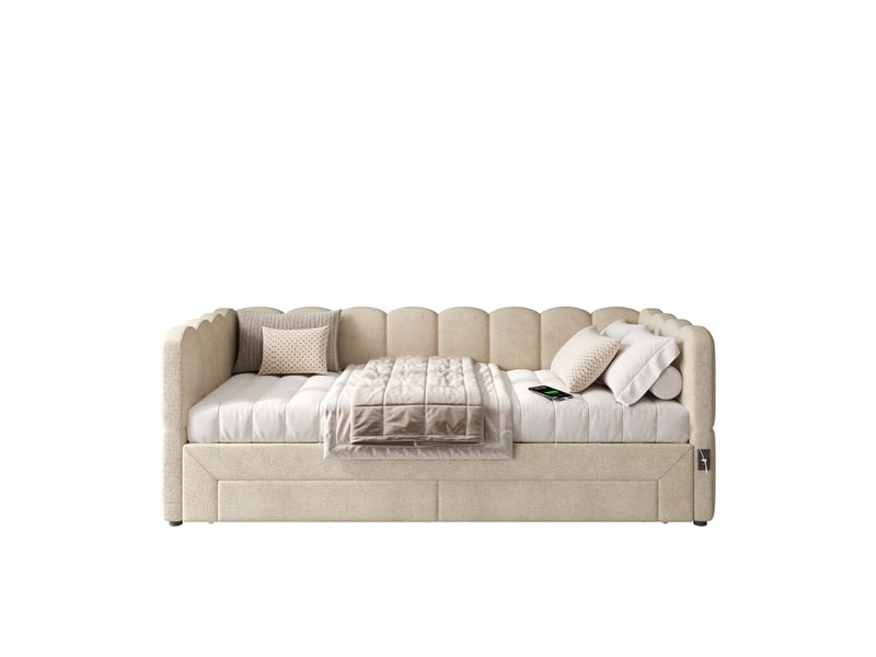  Banquette-lit extensible 90x190 cm - lit d'appoint 180x190 cm, 2 tiroirs de rangement, usb et type-c, tissu chenille beige  - Conforama A