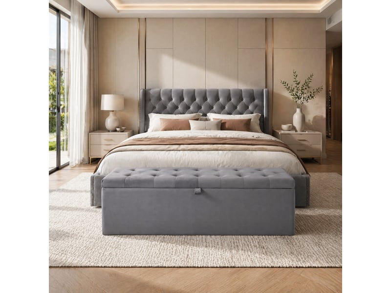  Banquette coffre modenvie en velours gris 138 x 41 x 42 cm  - Conforama E