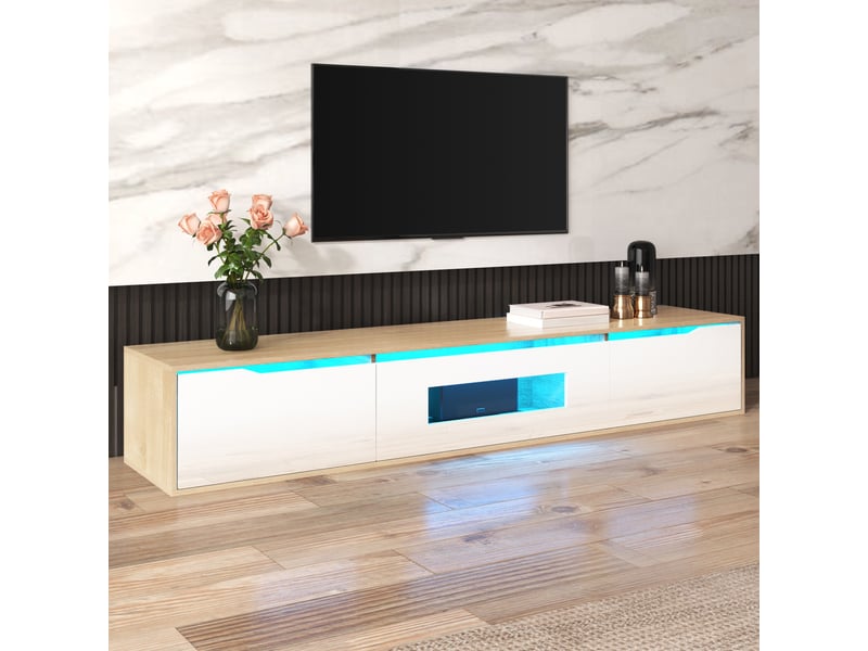  Vitrine &amp; meuble tv 180×30×35 cm – couleur chêne + blanc laqué, led 16 couleurs  - Conforama E