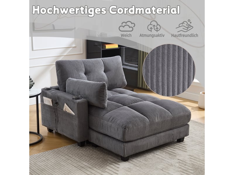  Canapé en velours côtelé gris avec porte-gobelets, poche latérale et tiroir intégré, 140x112x81 cm  - Conforama W
