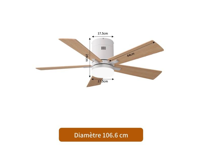  Ventilateur de plafond avec lumière led, 6 vitesses de ventilation, éclairage tricolore, bois  - Conforama C