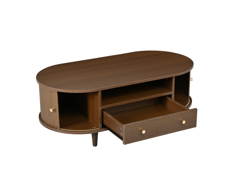  Table basse ovale 100 x 50 x 36 cm en mdf plaqué noyer avec tiroir et portes à rideau couleur noyer chicfurn  - Conforama E