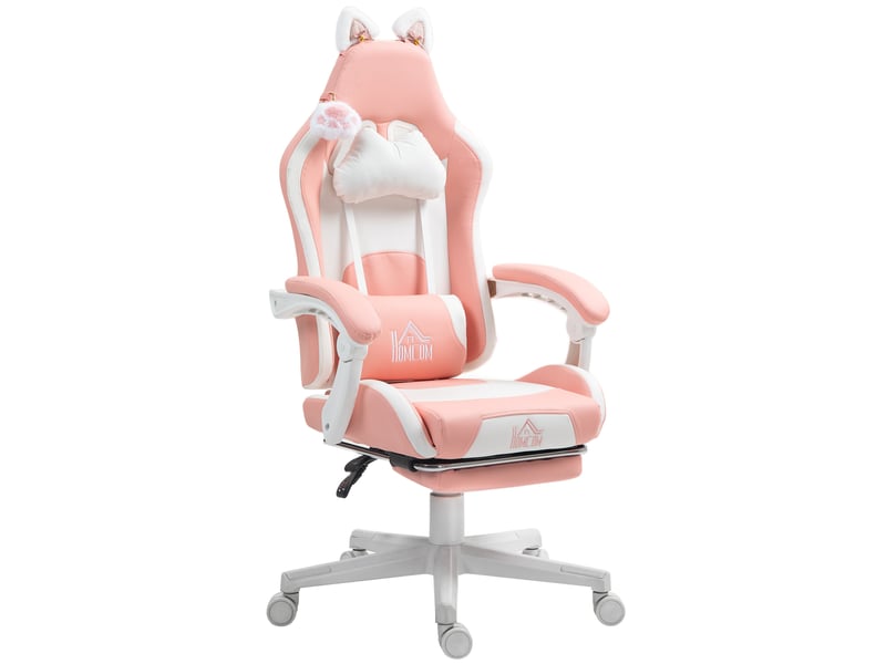 Chaise gaming ergonomique avec oreilles de chat repose-pieds soutien lombaire et cervical rose - Conforama E