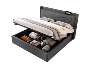 Lit double avec rangement 180 x 200 cm gris avec tête de lit usb et type-c, sommier à lattes