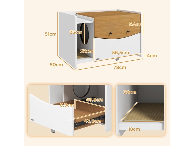 Meuble litière féline 78x50x51 cm – chêne et blanc – bac coulissant, tapis récupérateur et rangement  - Conforama C
