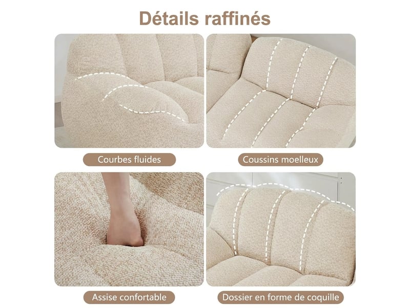  Canapé d'angle modulable 3 places avec pouf intégré - tissu bouclette beige blanc - assise profonde  - Conforama E