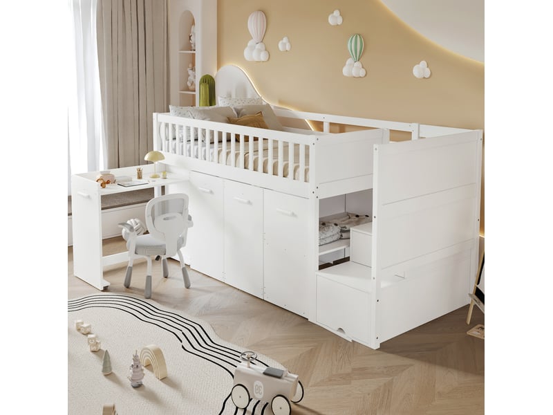  Lit mezzanine enfant 90x200 cm avec bureau, rangements et escalier blanc  - Conforama B