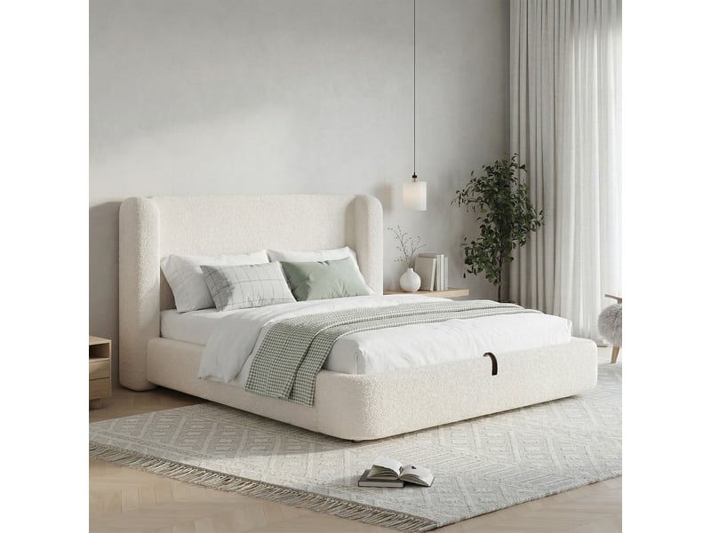  Lit coffre 180x200 cm, lit double, sommier à lattes, rangement hydraulique, tête de lit rembourrée, tissu bouclé beige  - Conforama W