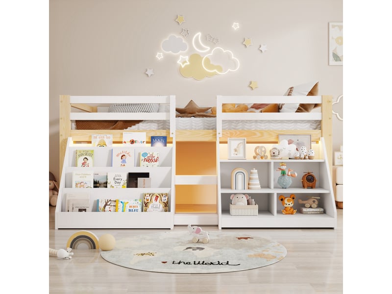  Lit mi-hauteur enfant 90x200 cm avec étagères, led, garde-corps, échelle et rangements intégrés, structure en pin, blanc OPULERANE TRADING LTD - Conforama D