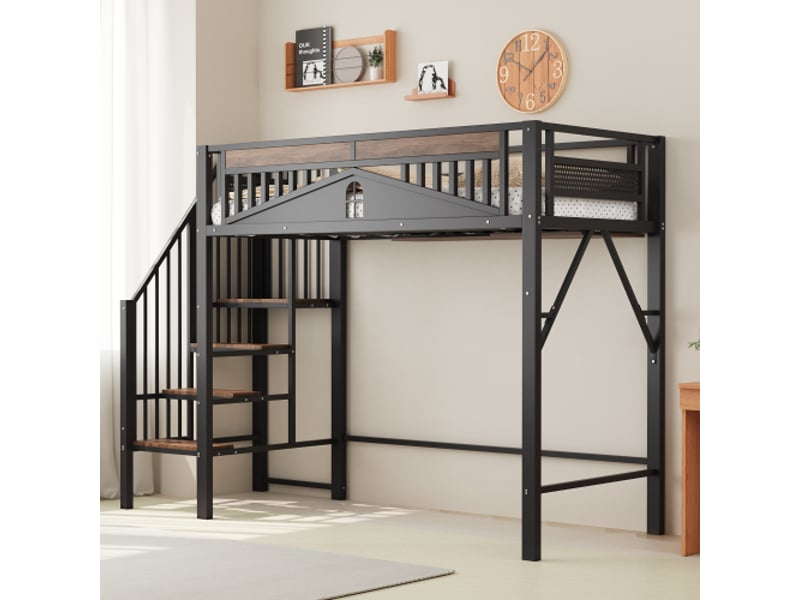 Lit mezzanine 90x200 cm, lit simple avec barrière de sécurité avec fenêtre, échelle de sécurité, sans matelas, en métal et bois, noir  - Conforama C