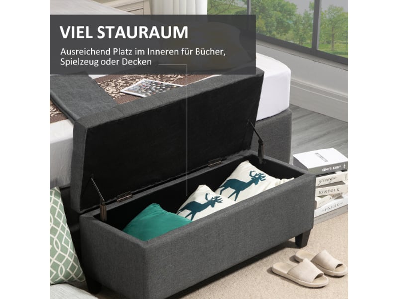  Banc de rangement gris foncé 100x40x44 cm en polyester aspect lin et bois d’hévéa  - Conforama C
