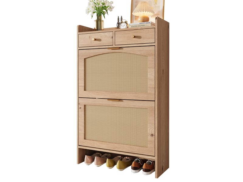  Meuble à chaussures avec 2 abattants et 2 tiroirs, portes aspect rotin, pour entrée, naturel, 65 × 25 × 106 cm  - Conforama A