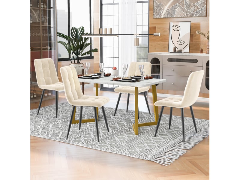  Ensemble table et 4 chaises moderne, table rectangulaire 117 cm effet marbre et sièges en velours beige  - Conforama B