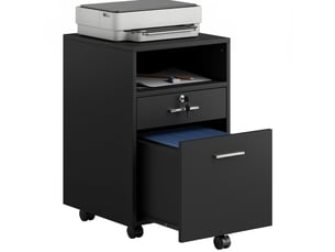 Caisson de bureau mobile noir en mdf, 2 tiroirs dont 1 verrouillable, 5 roulettes, 40 x 40 x 65 cm