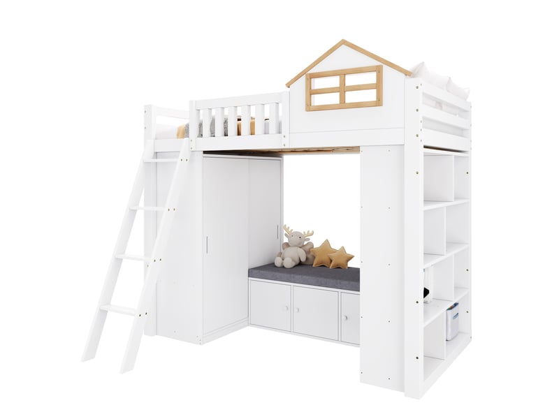  Lit mezzanine enfant 90 x 200 cm blanc et naturel, en bois, avec rangement et banquette intégrés pratiques  - Conforama A