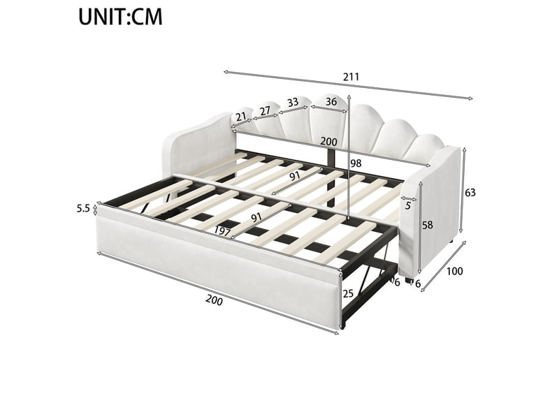 Canapé-lit capitonné 90x200 cm - avec lit gigogne - éclairage led intégré - velours + mdf - blanc (matelas non inclus)  - Conforama C