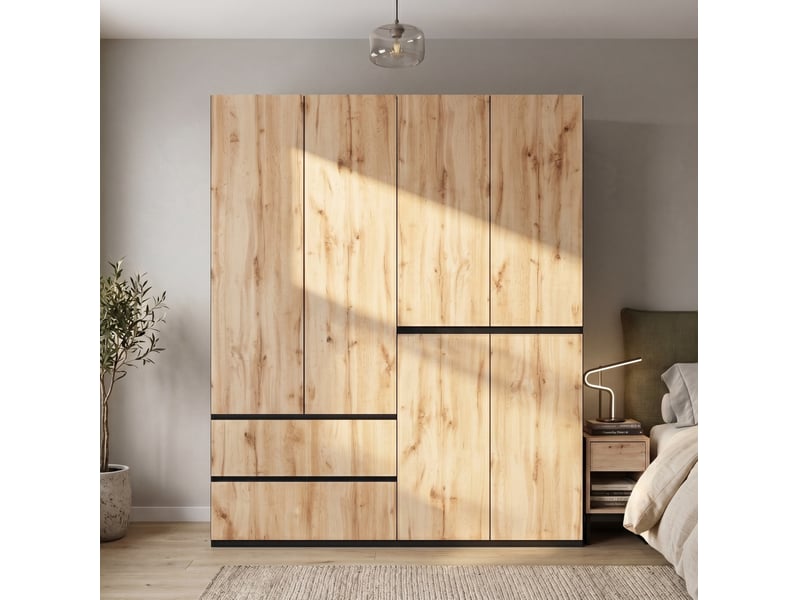  Armoire 6 portes modenvie 180 x 50 x 200 cm avec 5 tiroirs et 2 penderies chêne artisan et blanc  - Conforama D