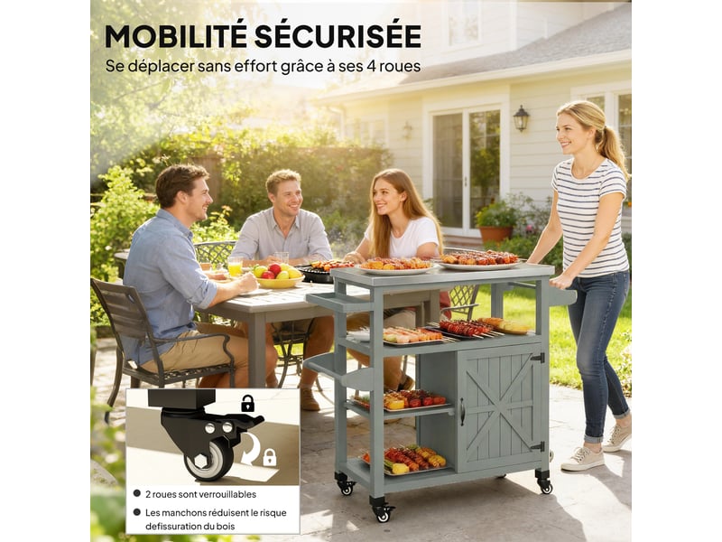  Desserte jardin chariot de barbecue sur roulettes avec plateau en acier inoxydable gris 107x49,5x92,5cm  - Conforama W