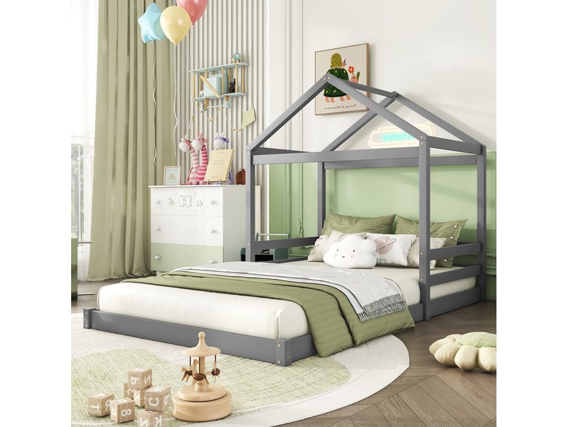  Lit enfant cabane 140x200 cm avec sommier à lattes coloris gris  - Conforama D