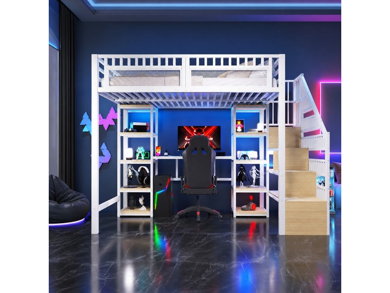  Lit mezzanine enfant 140 x 200 cm blanc avec bureau, rangements, led et usb  - Conforama D