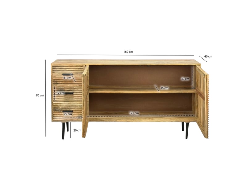 Finebuy buffet en bois massif de manguier 160cm - commode avec 2 portes et 3 tiroirs - armoire de couloir meuble de salon avec pieds en métal - enfilade design - armoire moderne faite à la main - Conforama D