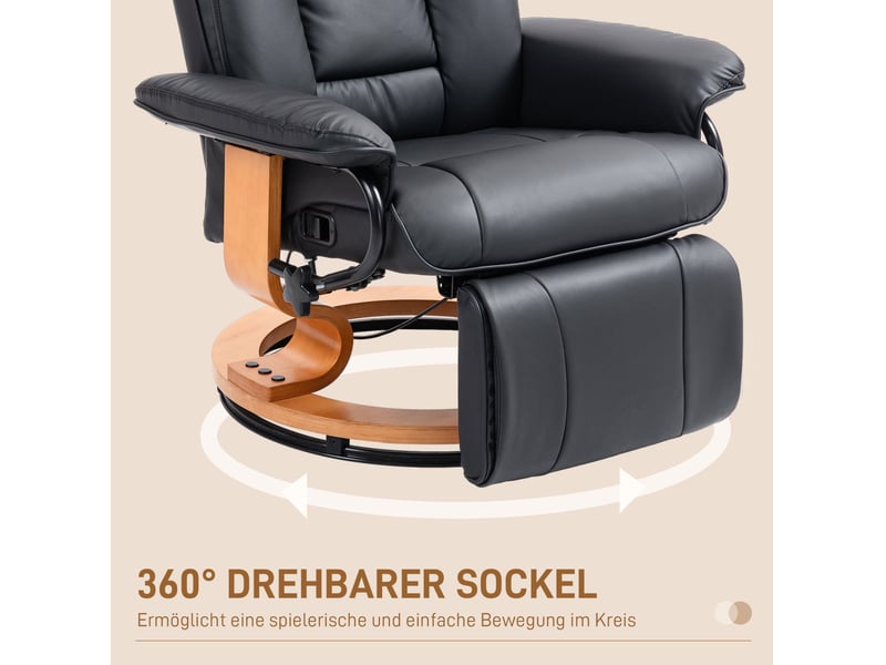  Fauteuil relax pivotant en simili cuir noir avec fonction allongée et repose pieds, charge jusqu'à 150 kg  - Conforama D
