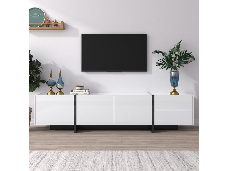 [déstockage] meuble tv bas moderne – portes et tiroirs, pieds contrastés blancnoir, style épuré  - Conforama B