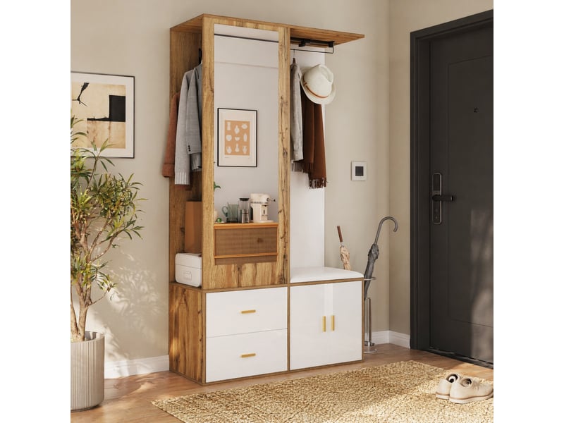  Meuble d'entrée avec miroir, tiroir, range-chaussures, banquette et tringle coulissante, bicolore, 100 × 38 × 180 cm  - Conforama B