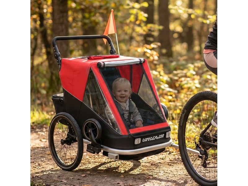  Remorque vélo enfant 2 places 148x83x102 cm – rouge – poussette 2-en-1, dossiers inclinables pliable  - Conforama B