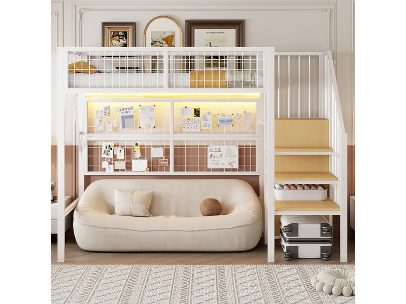 Lit mezzanine 90x200 cm - lit simple avec led intégrées, rangement sous couchage et armoire ouverte - structure mdf et métal - blanc - Conforama D