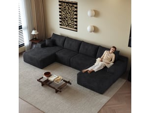 Canapé d’angle en l noir, 340 × 175 × 83 cm, configuration en l avec méridienne, espace de détente généreux, assise accueillante