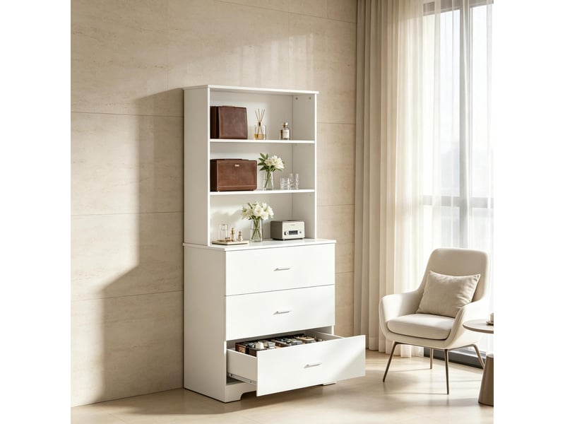  Bibliothèque blanche avec 3 tiroirs et 3 étagères ouvertes, rangement moderne pour le salon ou le bureau  - Conforama D