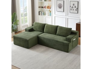 Canapé d'angle modulable 4 places en velours côtelé vert, 238 x 152 x 66 cm, méridienne gauche, sans montage, livré compressé, assise profonde