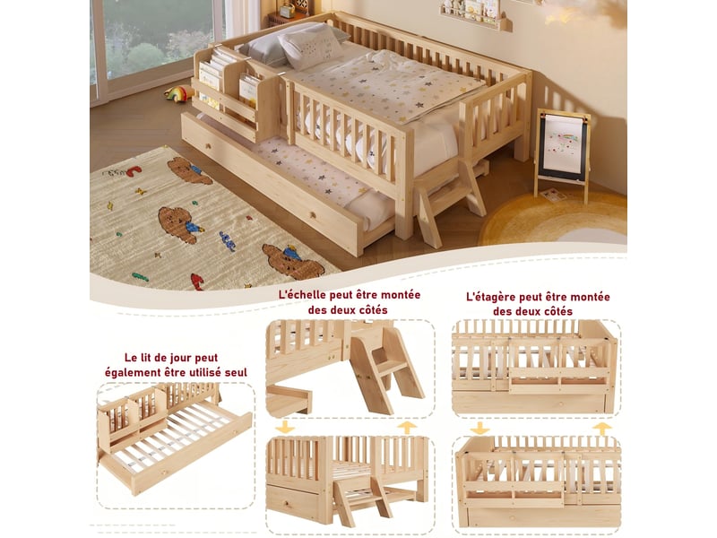 Lit gigogne 90x200cm, lit enfant avec petite échelle, panier de rangement, barrière, bois + mdf, couleur bois, sans matelas - Conforama W