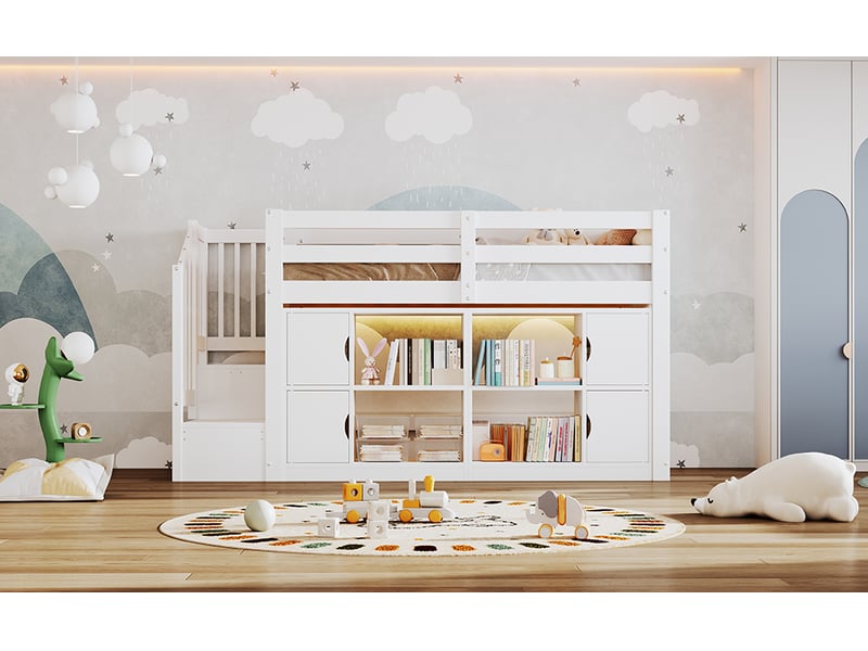 Lit mezzanine simple 90×200 cm avec rangements, étagères et led - okmyhome- blanc, sans matelas, pin - Conforama E