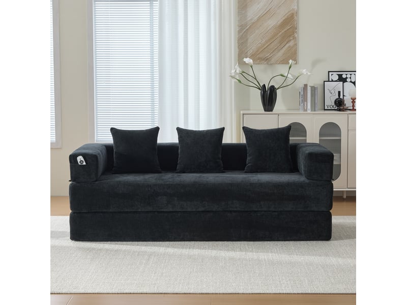  Canapé droit modulable 2 places en tissu noir, convertible en couchage avec poches latérales antidérapantes  - Conforama E