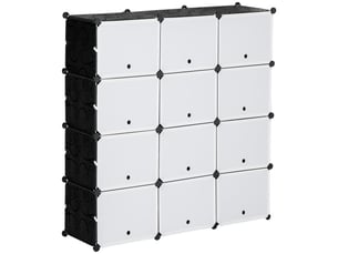 Meuble à chaussures 12 cubes, portes, modulable, plastique et acier, noir et blanc, 125x32x125 cm