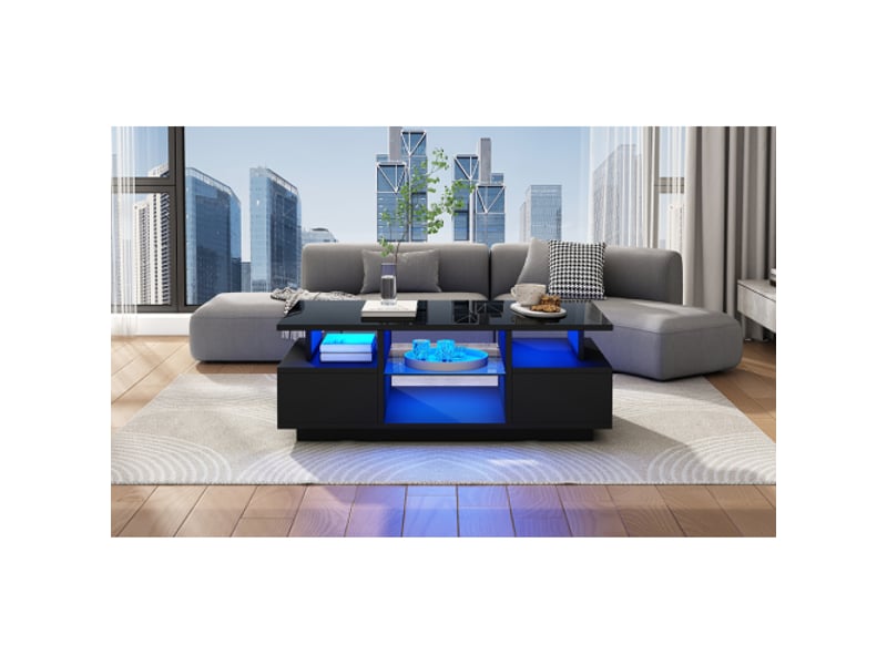 Table basse noire brillante avec led, 2 tiroirs et étagères en verre, meuble de salon moderne 100 x 50 x 36 cm  - Conforama C