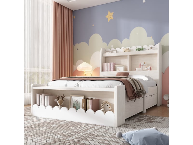  Lit enfant 90x190 cm bois blanc et chêne – tiroirs, étagère et banc de rangement – sans matelas  - Conforama E