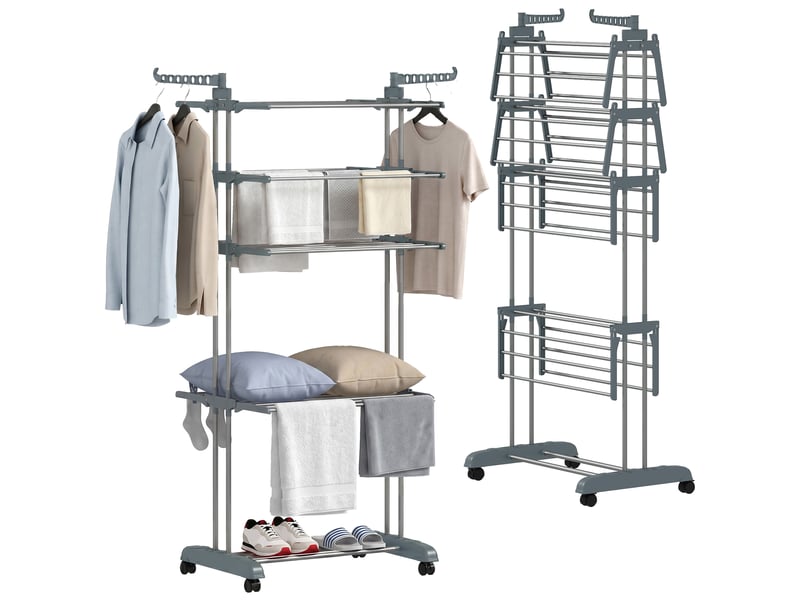  Étendoir à linge pliable à 5 niveaux, sur roulettes, avec rallonges latérales, gris  - Conforama A